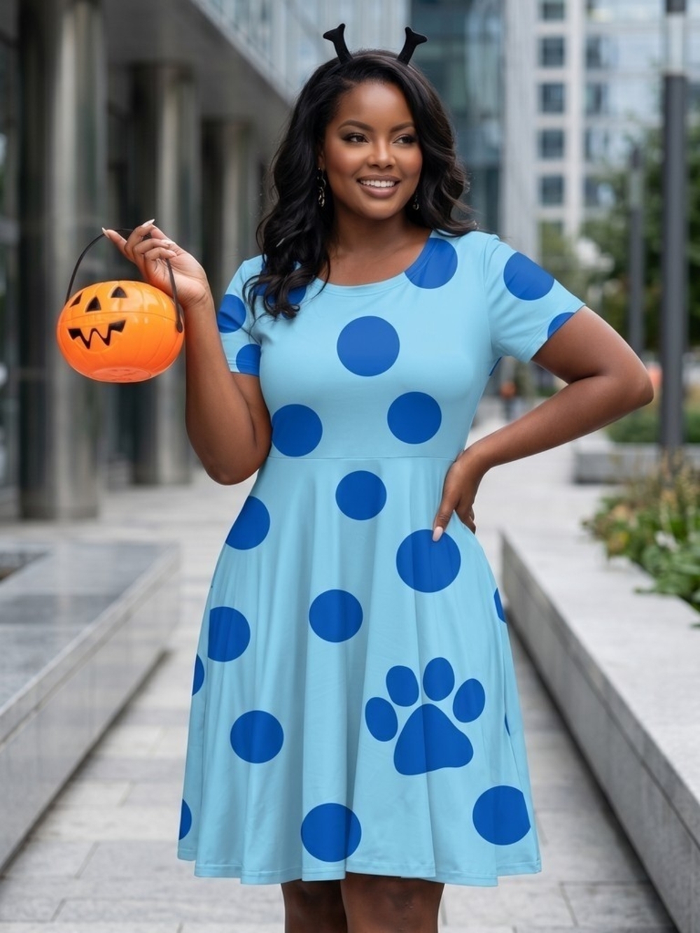 FOR G and PL Blue Polka Dot Paw Print Skater Midi Dress - EUC Like New - XL